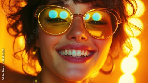 Obraz na płótnie Warm lights and radiant energy portrait image closeup. Cheerful woman wearing yellow glasses close-up photography human scene. Youthful happiness. Nightlife mood concept photo-realistic w salonie