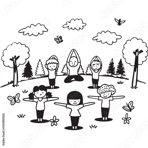 Children practicing yoga outdoors in a park setting with butterflies and flowers
