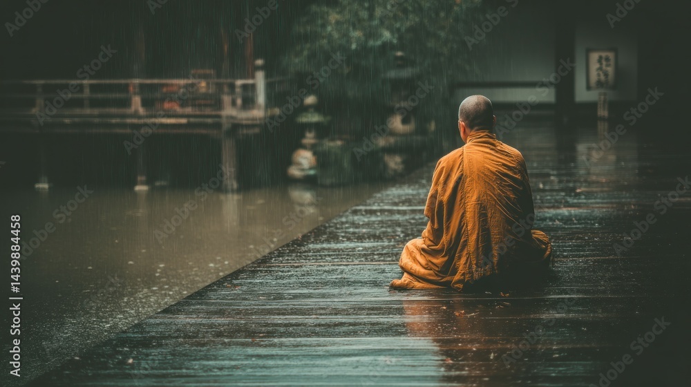 Monk sits in rain by pond, contemplative mood Monk sits in rain by pond, contemplative mood