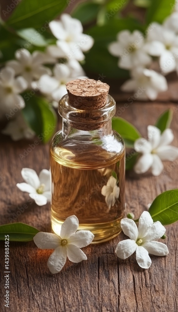 Jasmine Essential Oil Bottle Surrounded by Fresh, Blooming Jasmine Flowers on Rustic Wooden Table Jasmine Essential Oil Bottle Surrounded by Fresh, Blooming Jasmine Flowers on Rustic Wooden Table