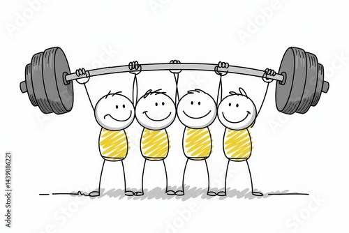 Four cartoon figures lifting a heavy barbell together.
