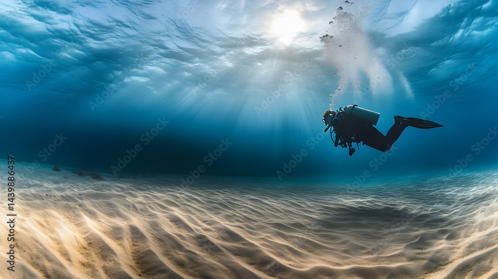 Naklejka premium Underwater Diver Exploring Sandy Seabed: A Stunning Dive into the Ocean Depths