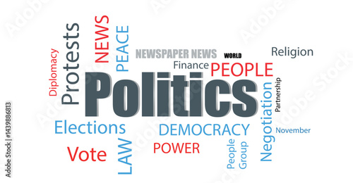 A political word cloud on a white background featuring terms like politics, elections, democracy, finance. Ideal for editorial and educational projects.
