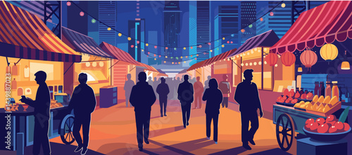 Night market scene with people silhouettes under string lights vibrant colors various stalls, vector illustration 