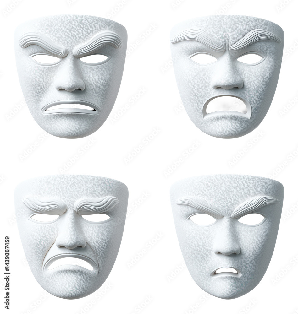 Four white theatrical masks displaying various angry and sad facial expressions. Four white theatrical masks displaying various angry and sad facial expressions.