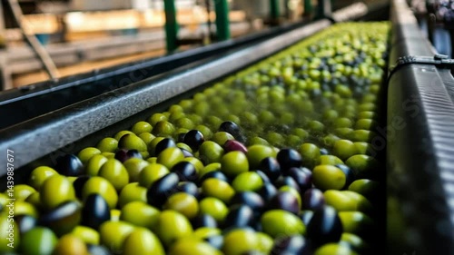 Freshly harvested olives moving along a conveyor belt in a processing facility