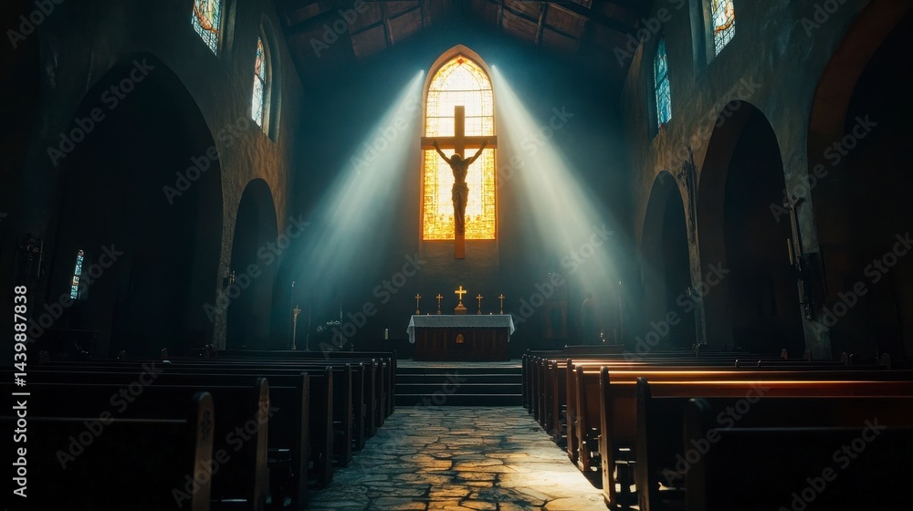 Fototapeta premium Serene Interior of a Historical Church with Light Rays and Cross