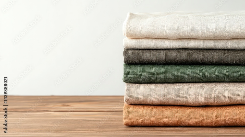 Neatly Folded Eco-Friendly Fabrics Stacked on Wooden Table in Soft Natural Light Perfect for Sustainable Living Neatly Folded Eco-Friendly Fabrics Stacked on Wooden Table in Soft Natural Light Perfect for Sustainable Living