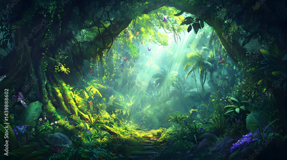 Obraz premium Enchanted Jungle: A Sunlit Path Through Lush Greenery
