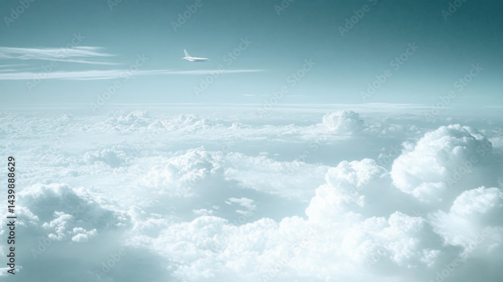 Fototapeta premium Airplane soaring above fluffy white clouds under a clear blue sky