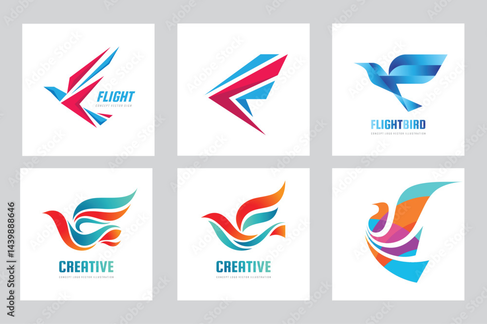 Abstract birds vector logo set template concept illustration. Wings creative signs. Creative birds collection. Design element.
