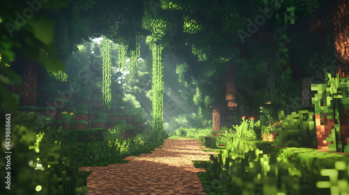 Sunlit Path Through a Lush Pixel Forest