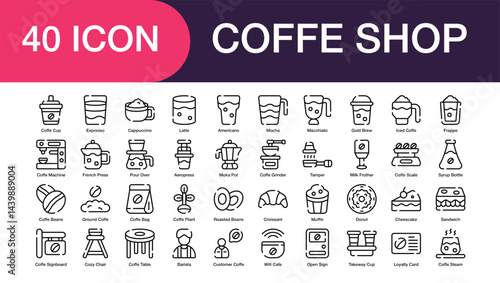 Coffee Shop set of icon in line style. Coffee Shop user interface icon collection. Containing Coffee Machine, Coffee Grinder, French Press, Coffee Bag, Coffee Beans, and more. Editable Stroke