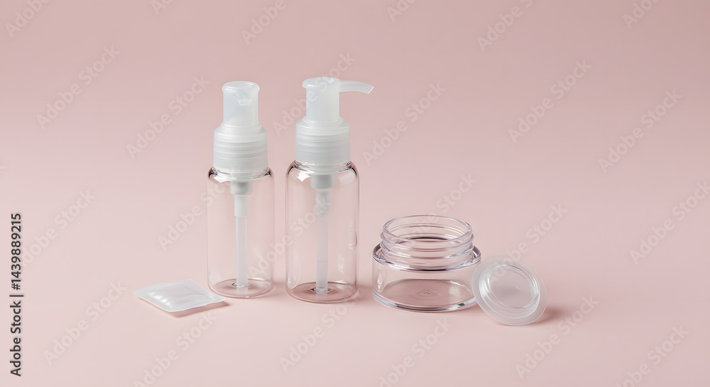Minimalist Cosmetic Packaging on Pastel Background: Clear Plastic Bottles and Jar for Travel Essentials, Skincare, and Beauty Products - Perfect for Mockups and Product Displays Minimalist Cosmetic Packaging on Pastel Background: Clear Plastic Bottles and Jar for Travel Essentials, Skincare, and Beauty Products - Perfect for Mockups and Product Displays