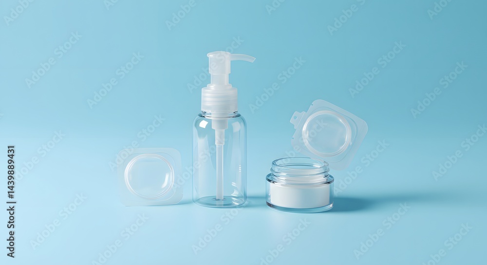 Minimalist Beauty Product Mockup: Transparent Pump Bottle and Cream Jar with Sample Packets on a Light Blue Background, Ideal for Cosmetic and Skincare Advertising and Branding Minimalist Beauty Product Mockup: Transparent Pump Bottle and Cream Jar with Sample Packets on a Light Blue Background, Ideal for Cosmetic and Skincare Advertising and Branding