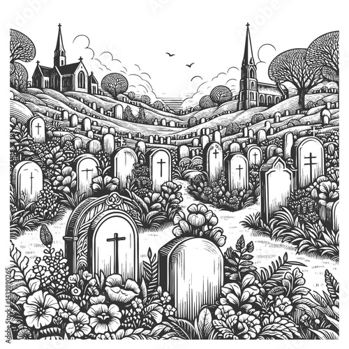 old cemetery with ornate tombstones, crosses, leafless trees, and birds flying overhead sketch engraving generative ai vector illustration. Scratch board imitation. Black and white image.