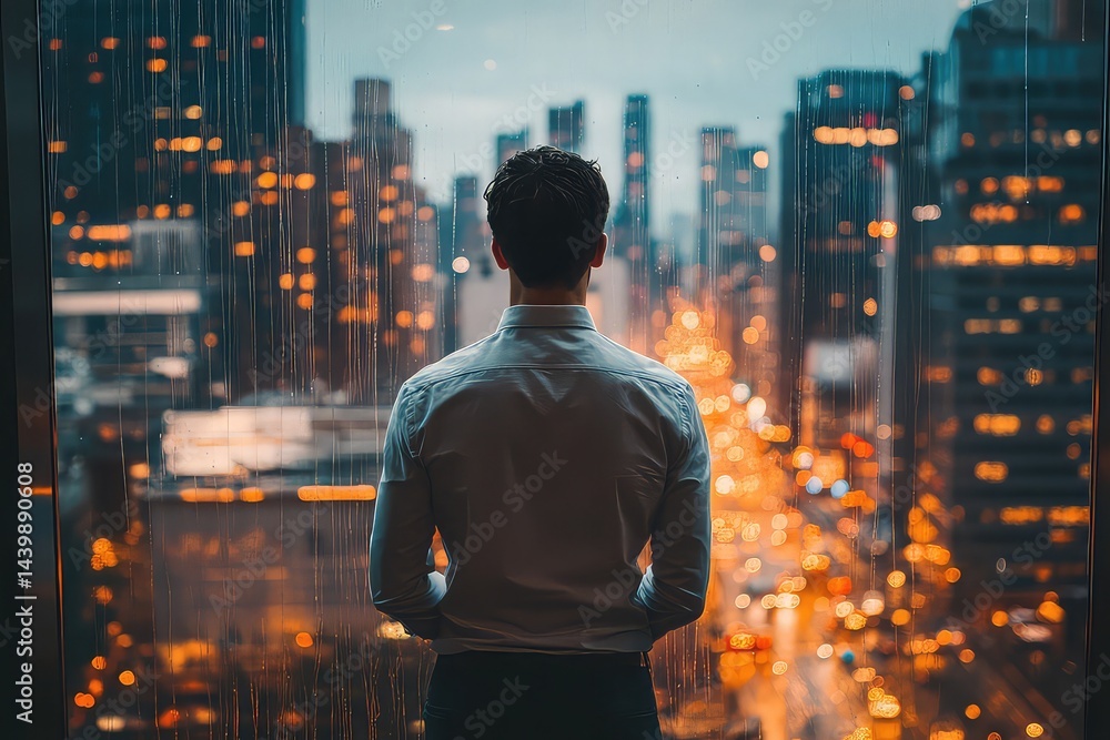 Fototapeta premium An office worker looking out a window at a rainy city