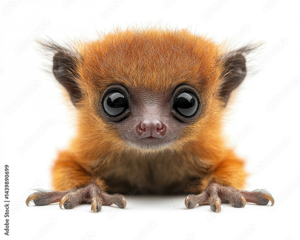 Fototapeta premium Hyper-realistic Front View Portrait of Aye-Aye Lemur Isolated on White Background with Detailed Features