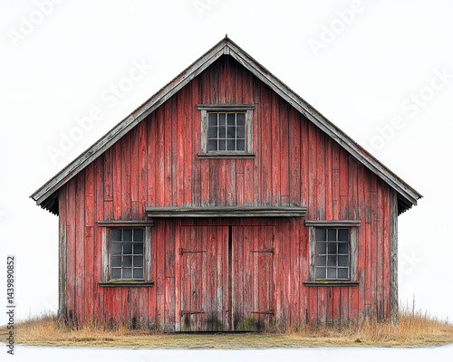 image of a rustic cowhouse barn with weathered red wooden planks isolated on white background