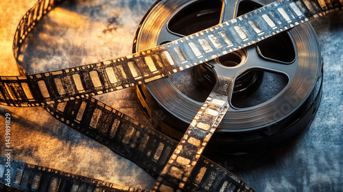 Vintage film reel with celluloid texture, warm light on metal details, evoking cinematic nostalgia
