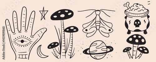 Hand-drawn vintage mystical and magic symbols illustration