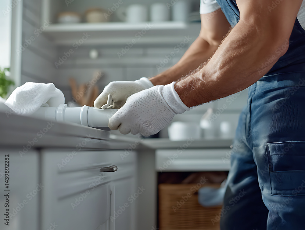 Fototapeta premium Plumber Installing PVC Pipe in Kitchen