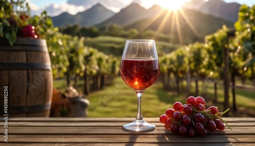 A glass of red wine is on a table next to a bunch of grapes. The scene is set in a vineyard, with mountains in the background. Scene is relaxed and peaceful