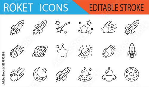Collection of Meteor, Rocket, and Planet Icons for Educational Space Projects