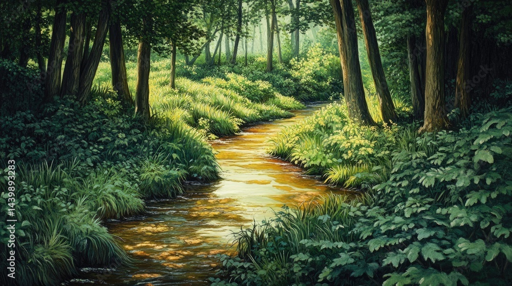 Fototapeta premium Sunlit Stream in Lush Green Forest, Tranquil Nature Scene
