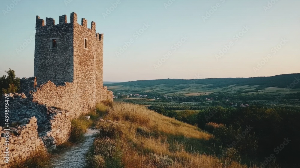 Ancient castle ruins overlooking a scenic valley in Europe Ancient castle ruins overlooking a scenic valley in Europe