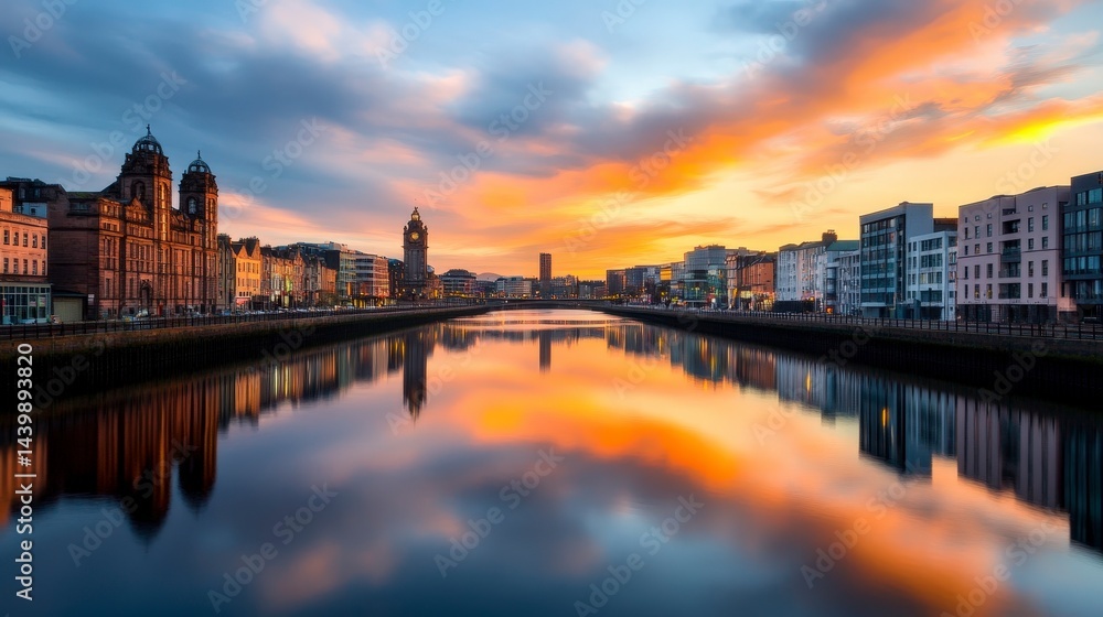 Fototapeta premium Dreamy Long Exposure of Glasgow's Skyline at Dusk with Reflections in the Calm River