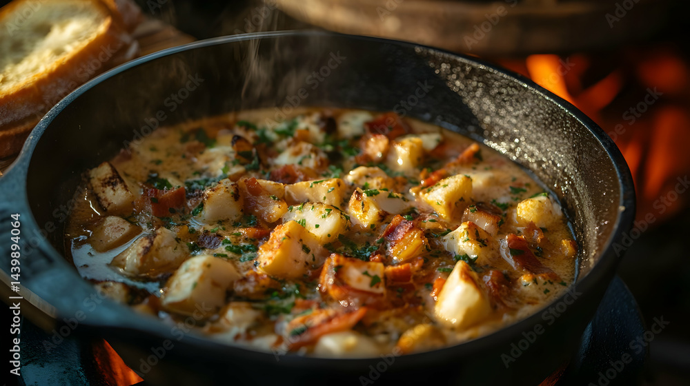 Creamy Scallops and Potatoes with Bacon in Cast Iron Skillet Creamy Scallops and Potatoes with Bacon in Cast Iron Skillet