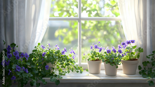 Beautiful Purple Flowers in Pots on a Windowsill
