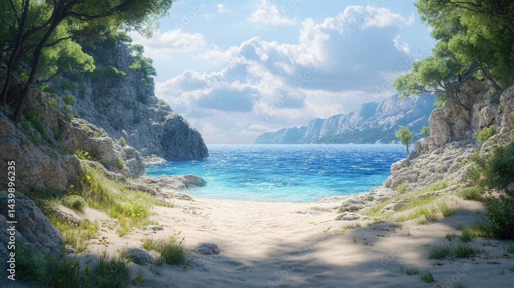 Fototapeta premium Secluded Cove: Turquoise Water, Sandy Beach, and Lush Green Cliffs