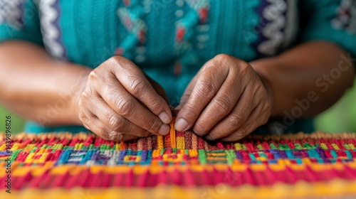 Close-Up of a Woman's Hands Crafting a Colorful Textile Pattern in a Rural Setting