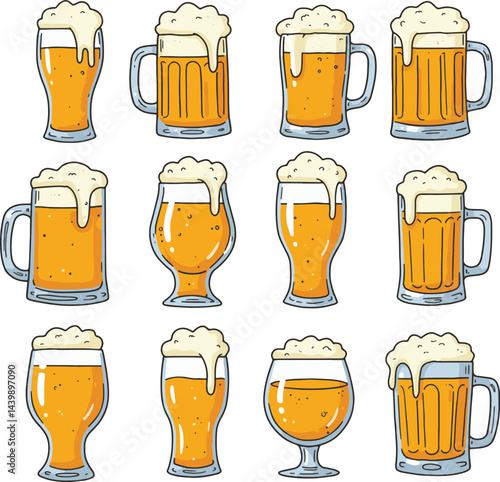 A collection of twelve cartoon beer glasses filled with beer and topped with white foamy head