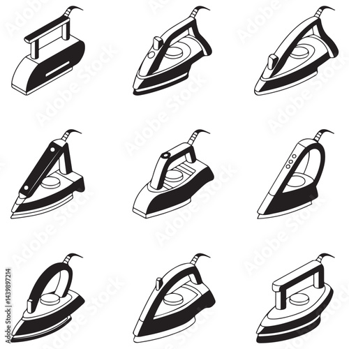 Smoothing-iron icons set. Isometric set of smoothing-iron icons for web design Vector Black silhouettes. with white background