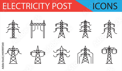 Utility Tower Icon Set for Energy, Power Supply, and Infrastructure Illustrations