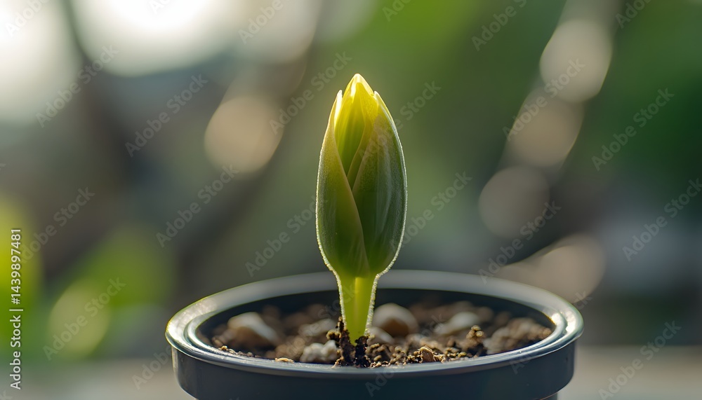 A close up of a flower bud in a small pot