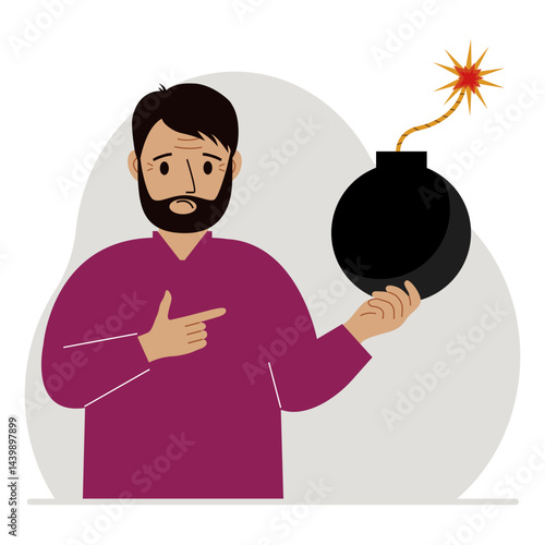 A man holds a bomb with a lit fuse. Big problem concept, problem maker, business concepts or danger. Vector flat illustration
