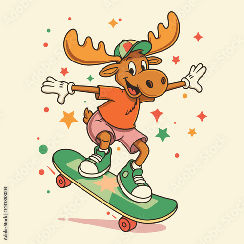 Cartoon moose character skateboarding with a cap and casual clothes in a colorful background