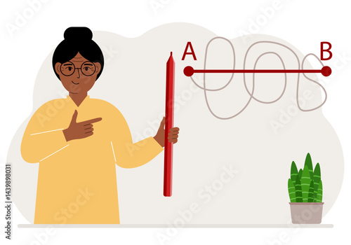 A woman with a red pencil in his hand. A line is drawn from point A to point B, a straight and difficult path, the shortest distance to the goal, an easy or short path to success in business and life.