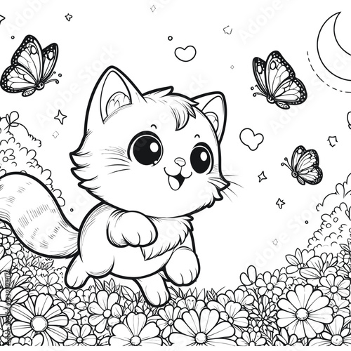 Cartoon Kitten Coloring Page with Butterflies and Flowers