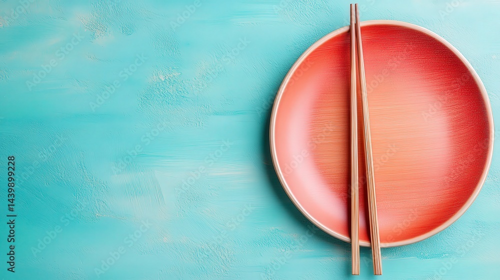 Elegant Setting with Beautiful Bowl and Chopsticks on Vibrant Blue Background for Culinary Inspiration Elegant Setting with Beautiful Bowl and Chopsticks on Vibrant Blue Background for Culinary Inspiration
