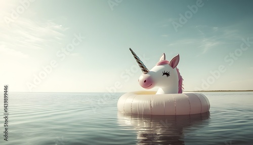 Obraz na płótnie A Large Inflatable Unicorn Floats Calmly On Gentle Waters w salonie