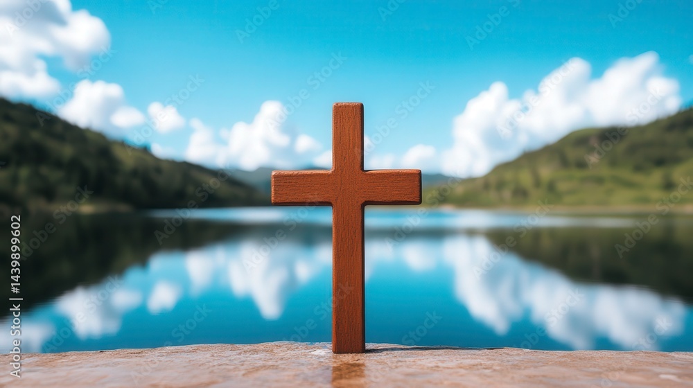 Serene Lakeside Reflection with Cross Under Bright Sky and Fluffy Clouds Serene Lakeside Reflection with Cross Under Bright Sky and Fluffy Clouds