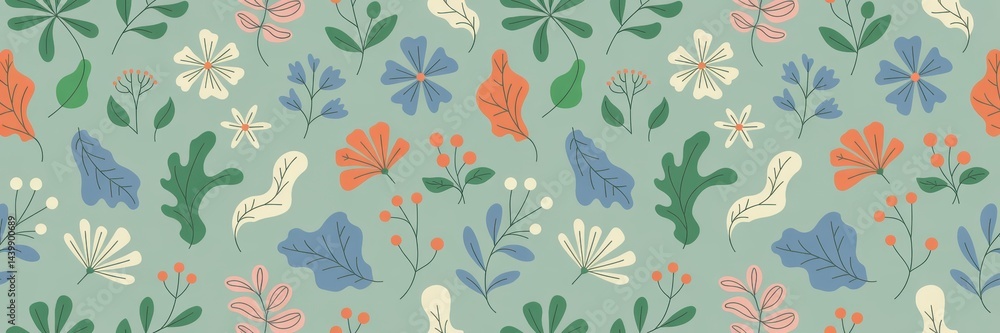 Delicate floral and leaf pattern on a light teal background. Delicate floral and leaf pattern on a light teal background.