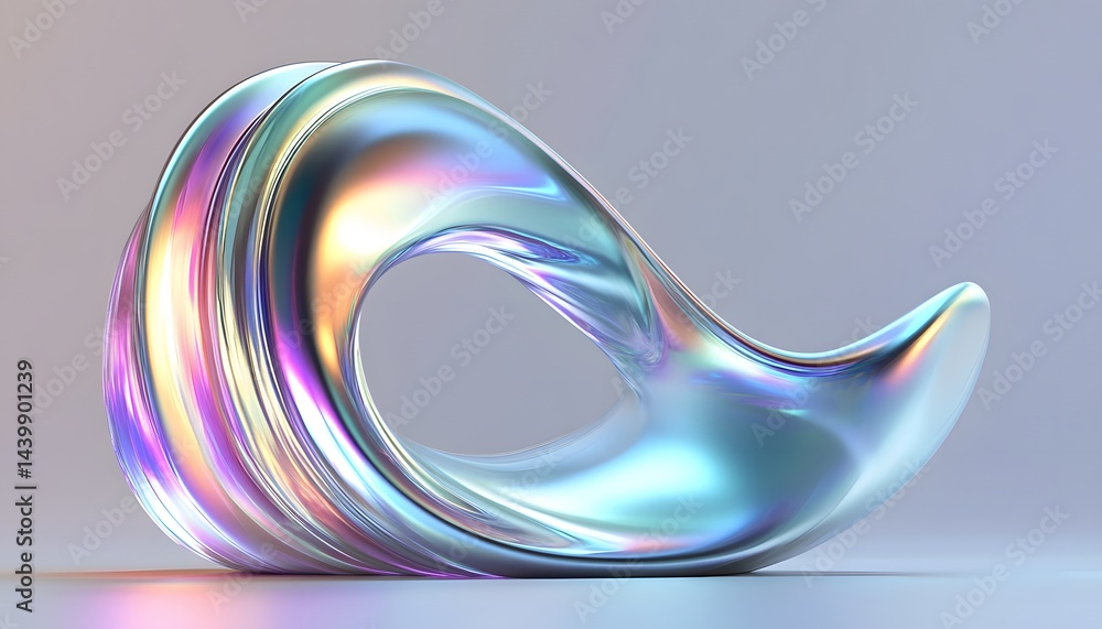 An abstract glossy iridescent sculpture with swirling rounded edges
