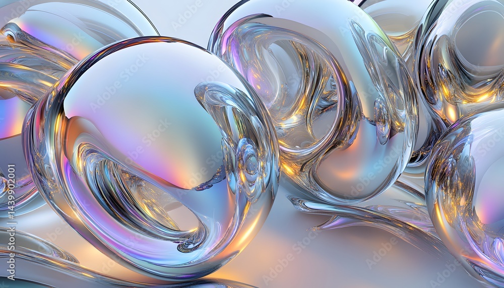 Abstract rendering of iridescent glass shapes with reflections of light