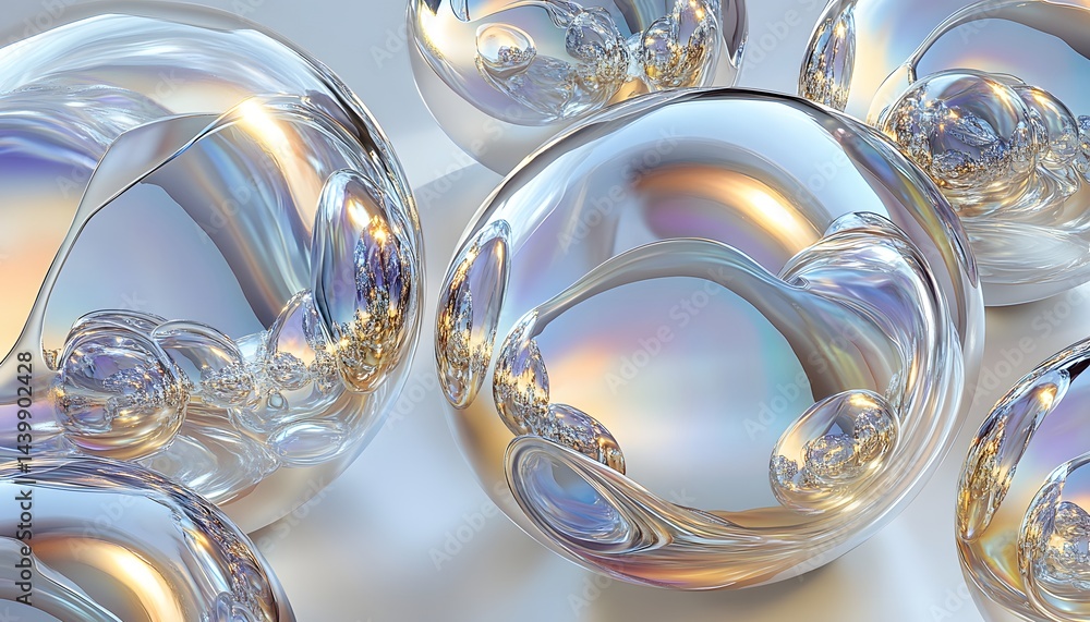 Several refractive metallic spheres with internal reflections are present